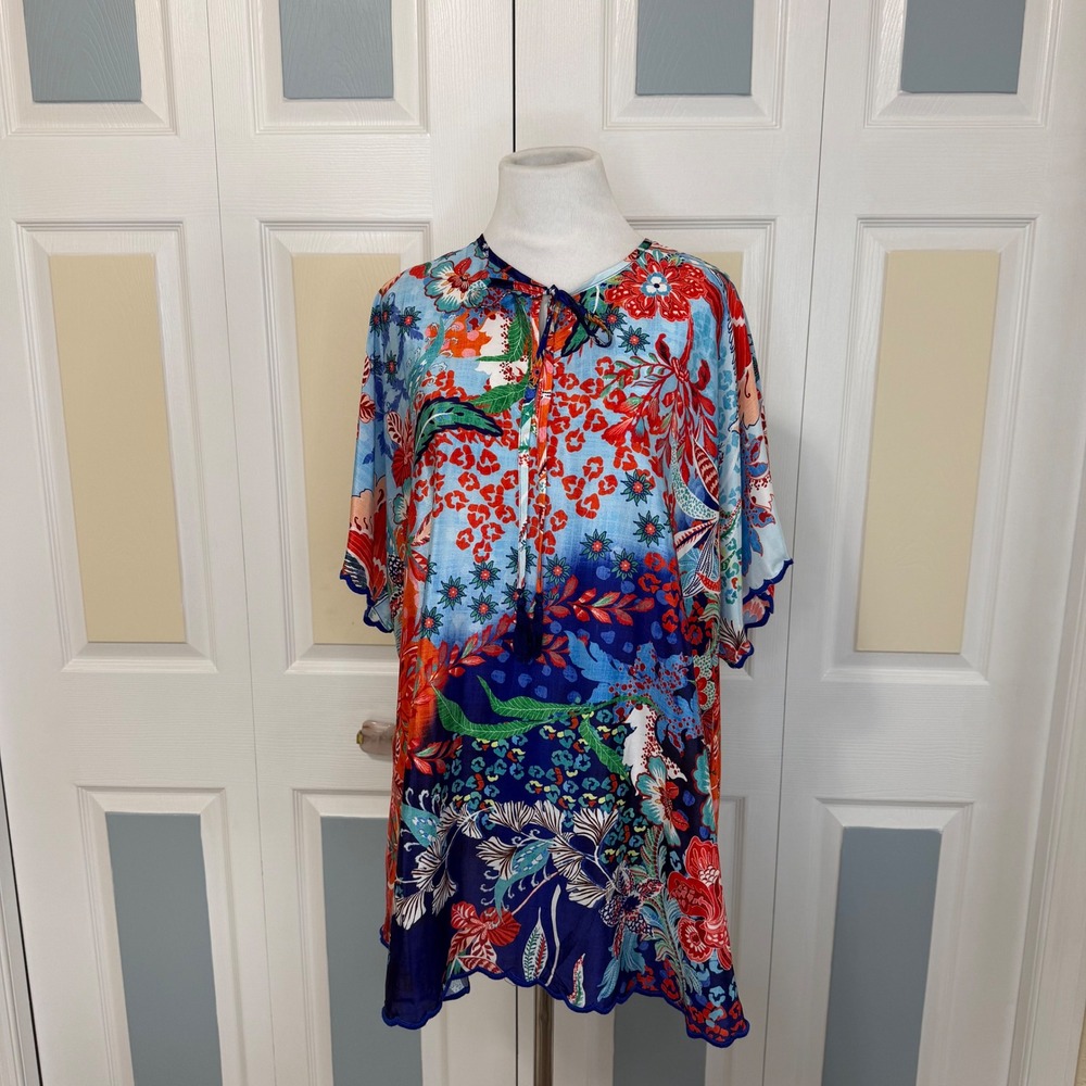 Love Kyla Anthropologie Tunic Bohemian Floral Print Tie‎ Neck Scalloped Edge M